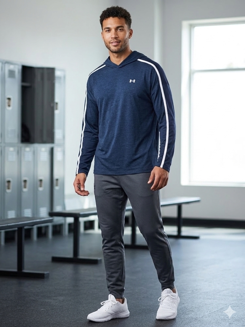 Under Armour Navy Hooded Long Sleeve Top with White Stripe